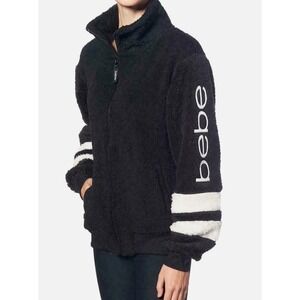 BEBE Womens size M Black Plush Sherpa Full Zip Logo White Stripe Full Zip Fleece